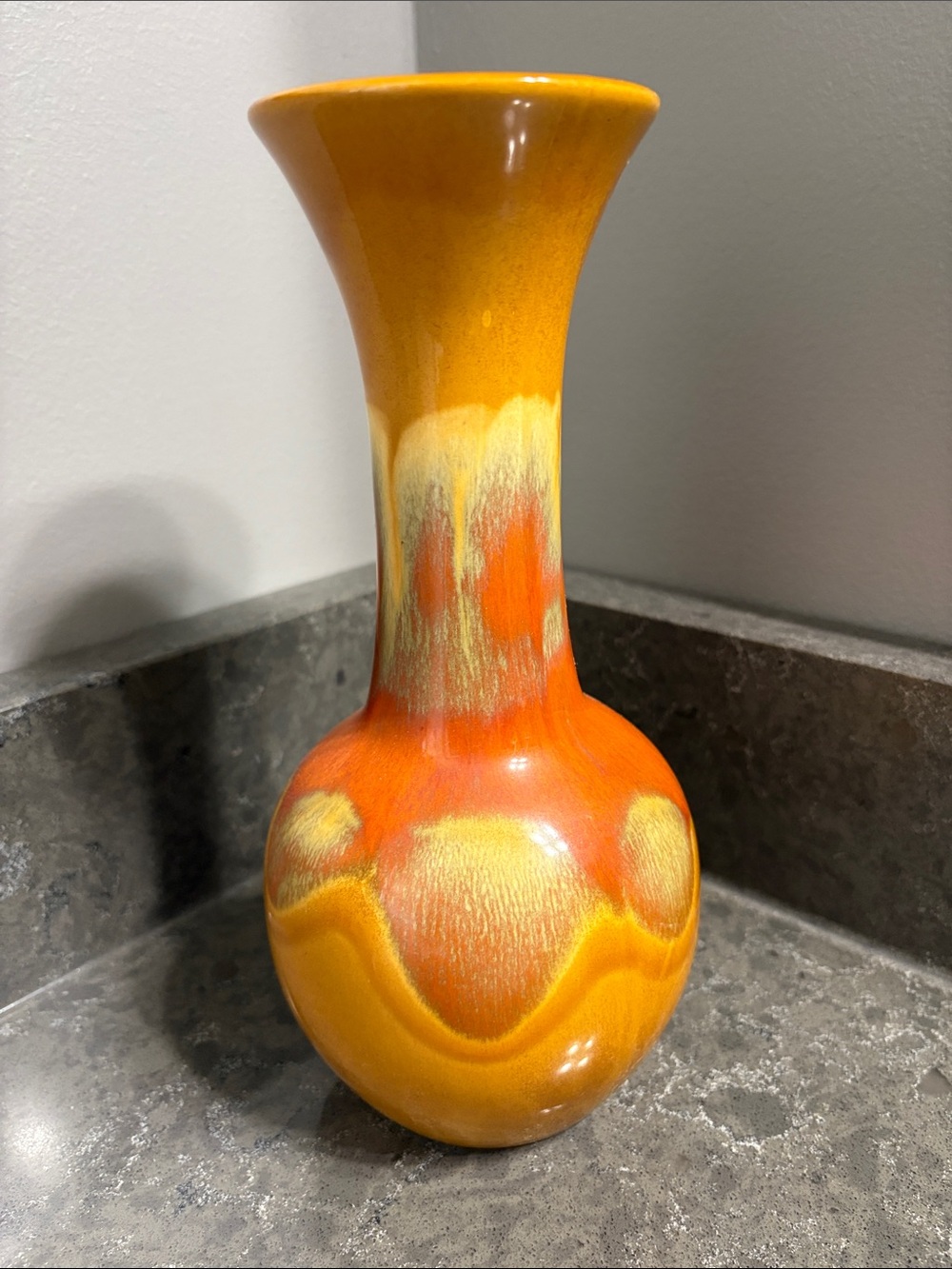 Vintage Retro Orange & Mustard Drip Glaze Ceramic Vase